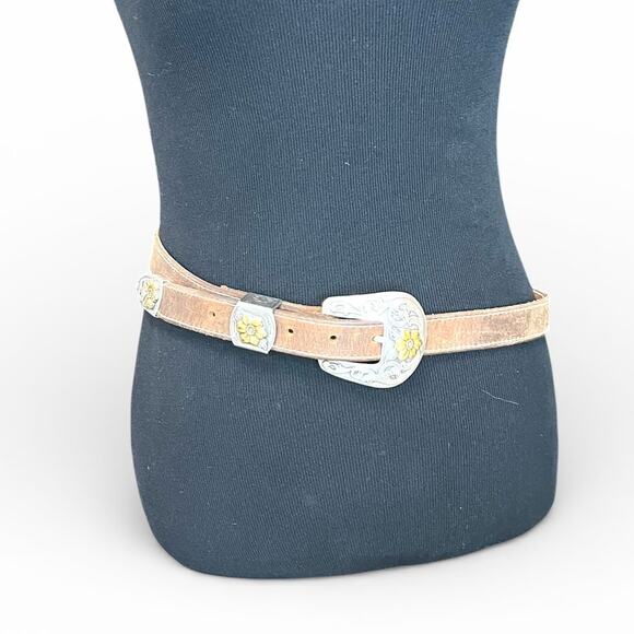 Vintage 90\'s Brown Belt XL Western mixed metal boho cowgirl daisies artisan